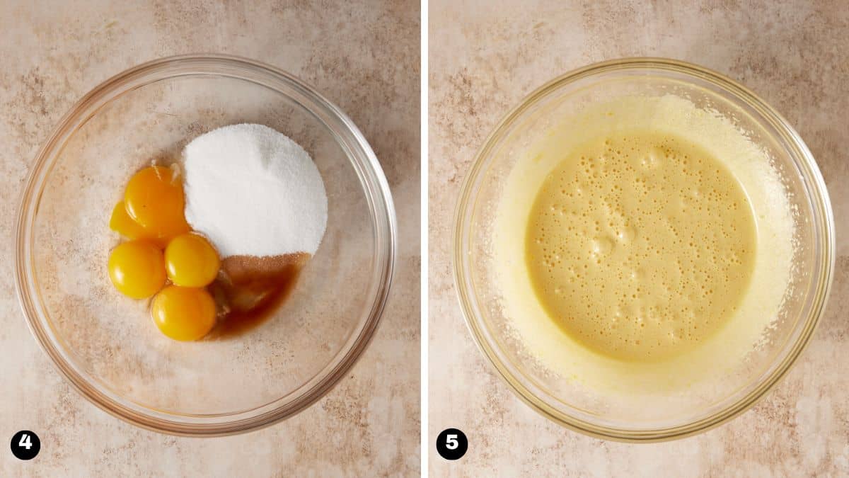 Egg yolks, sugar and extracts beaten together in a glass bowl. 