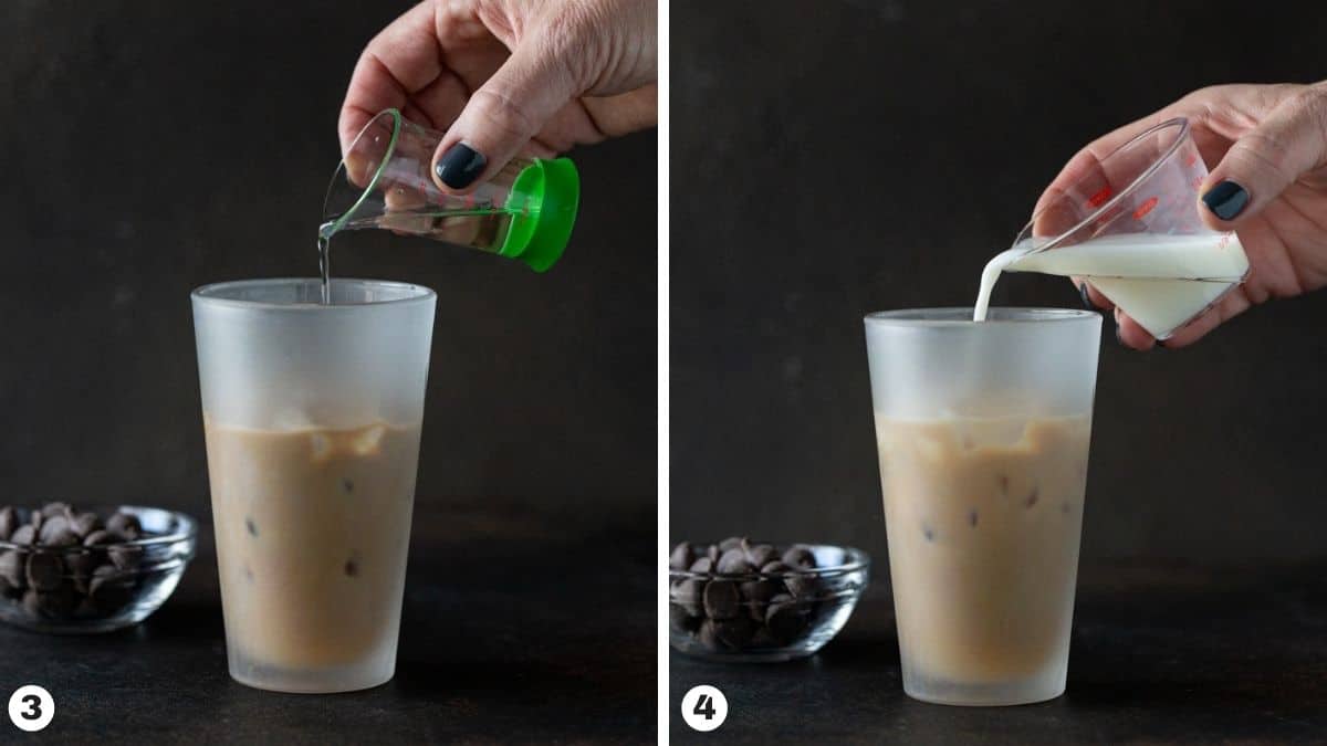 hand pouring liqueur and milk into a shaker