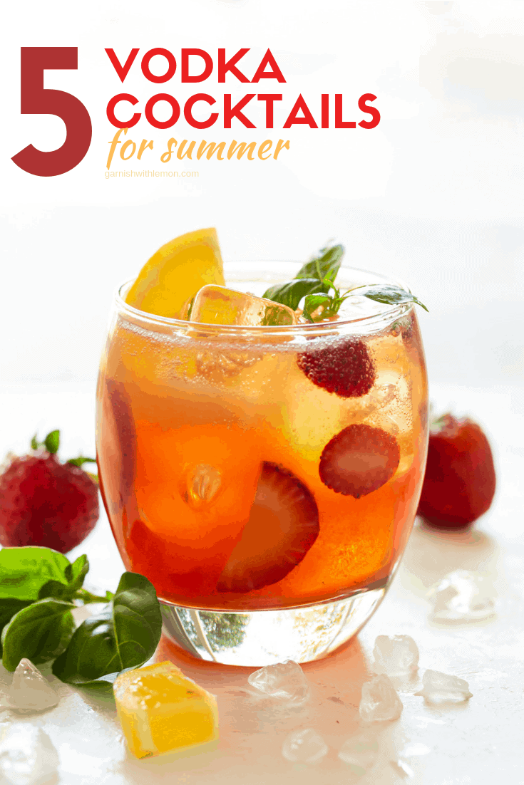 titled image: 5 vodka cocktails for summer with lowball glass filled with a strawberry basil vodka cocktail