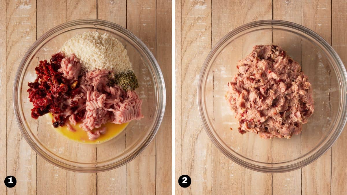 Ground turkey in bowl with spices, mixed with egg and panko.