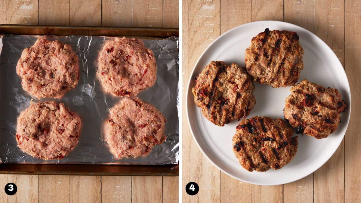 Ground turkey formed into patties and cooked turkey burgers.