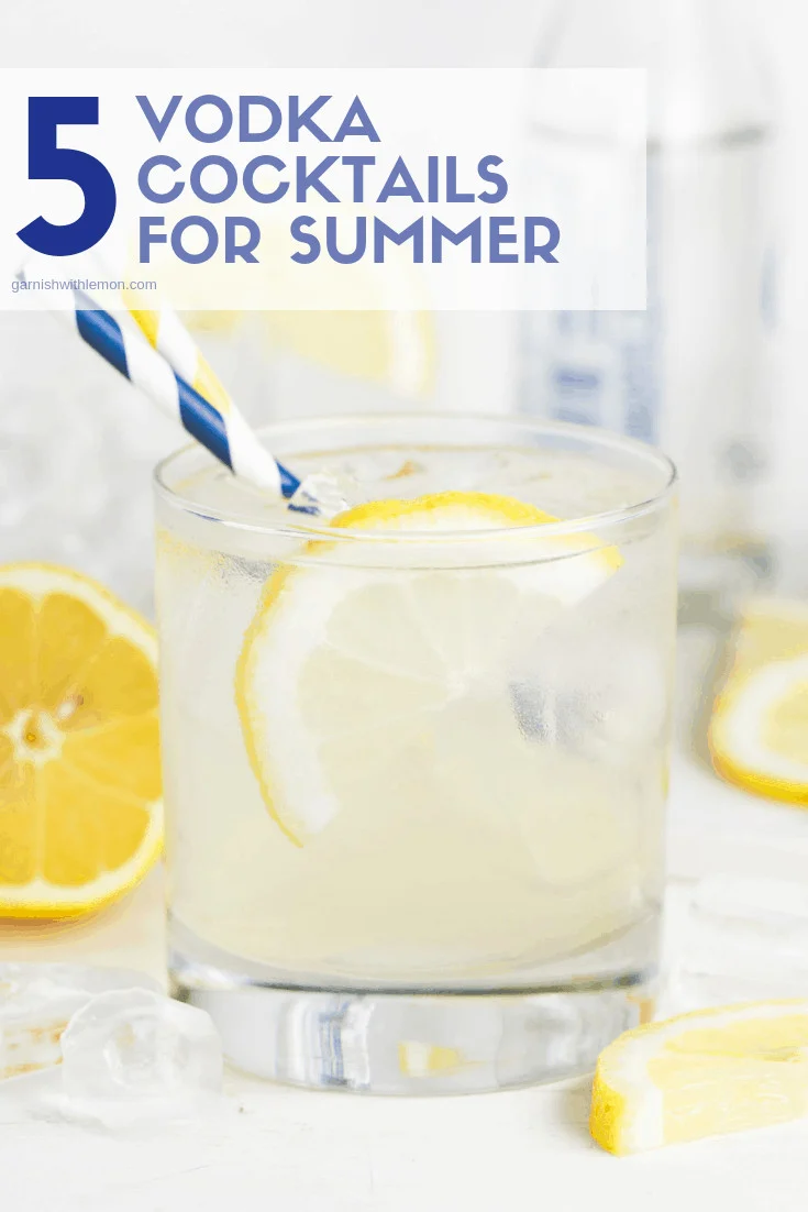 titled image: 5 vodka cocktails for summer showing a lowball glass of vodka elderflower lemonade garnished with straws and lemon slices