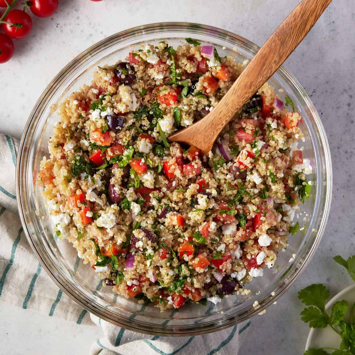 Greek quinoa Salad in bowl.