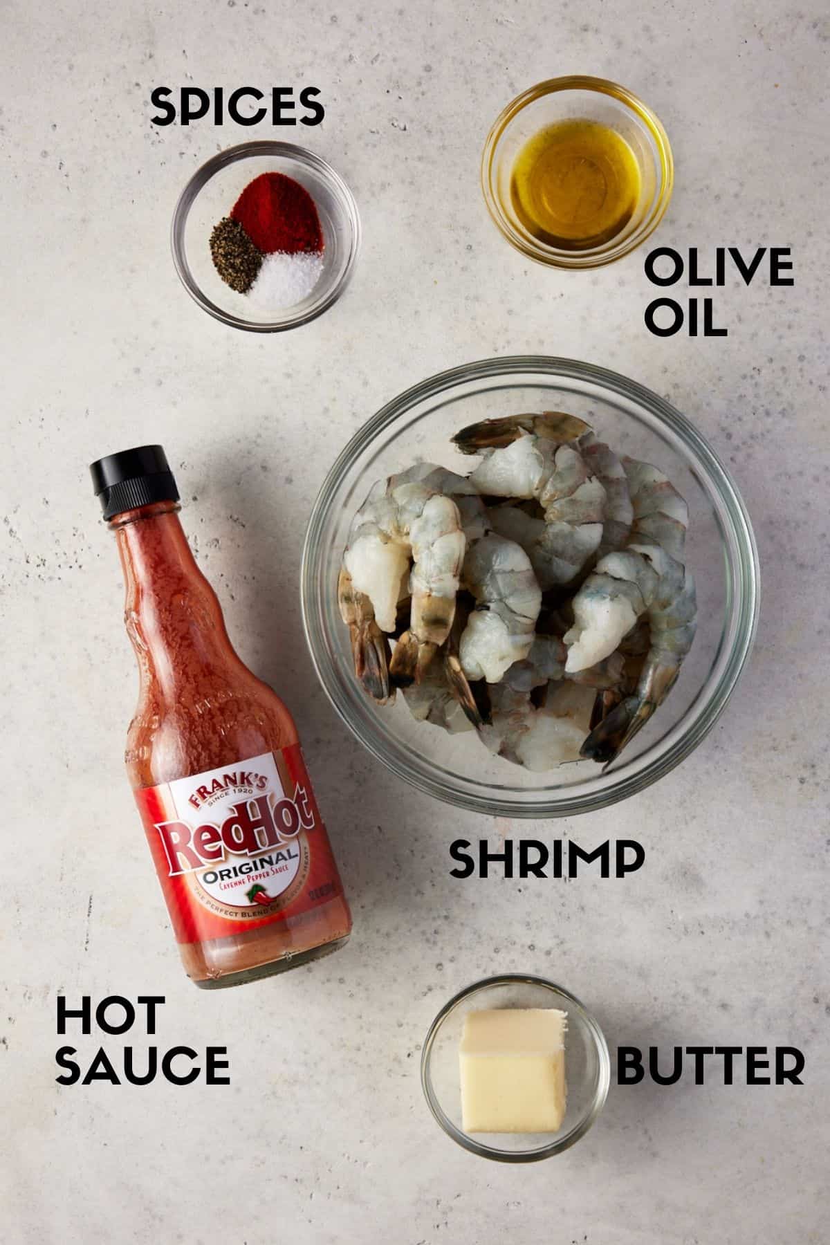 Ingredients needed to make buffalo shrimp.