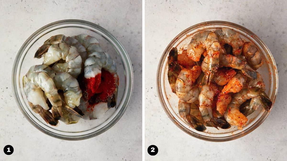 Large shrimp in bowl and then tossed with spices and olive oil.