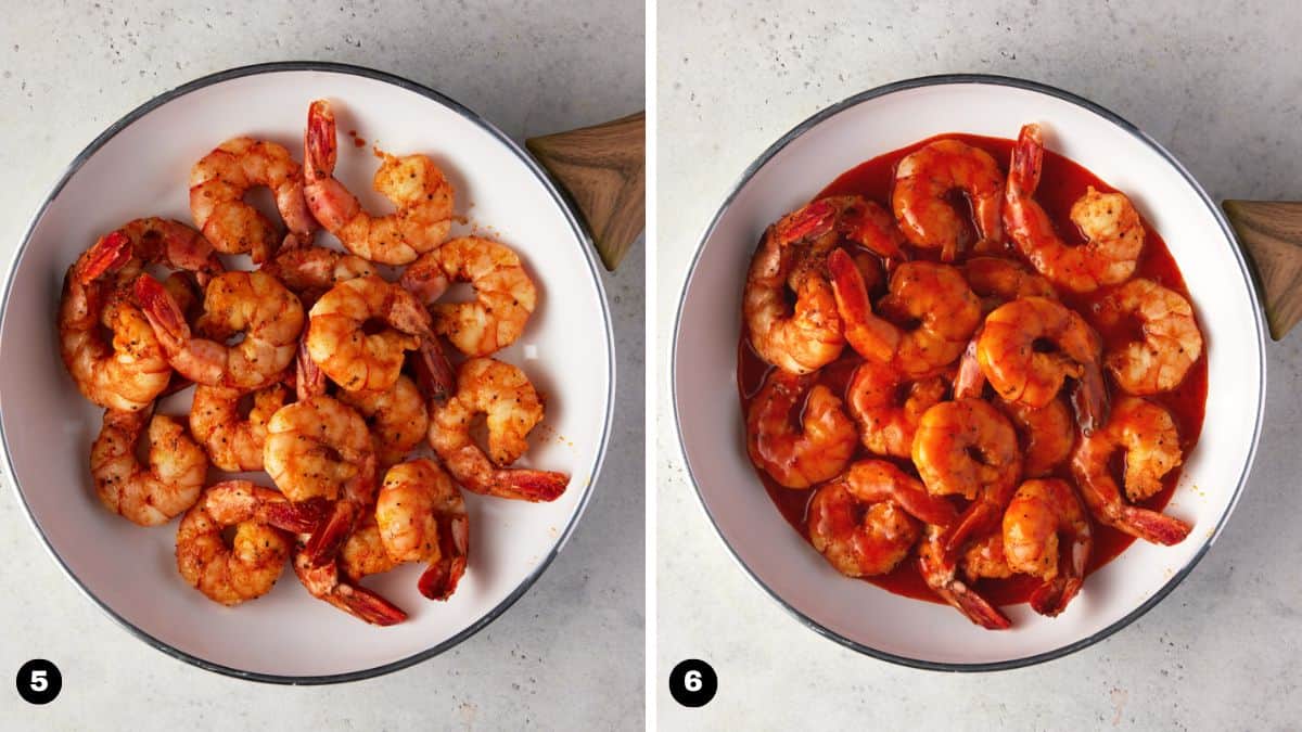 Steps 5 and 6 of making buffalo shrimp. Cooking shrimp and tossing with buffalo sauce.