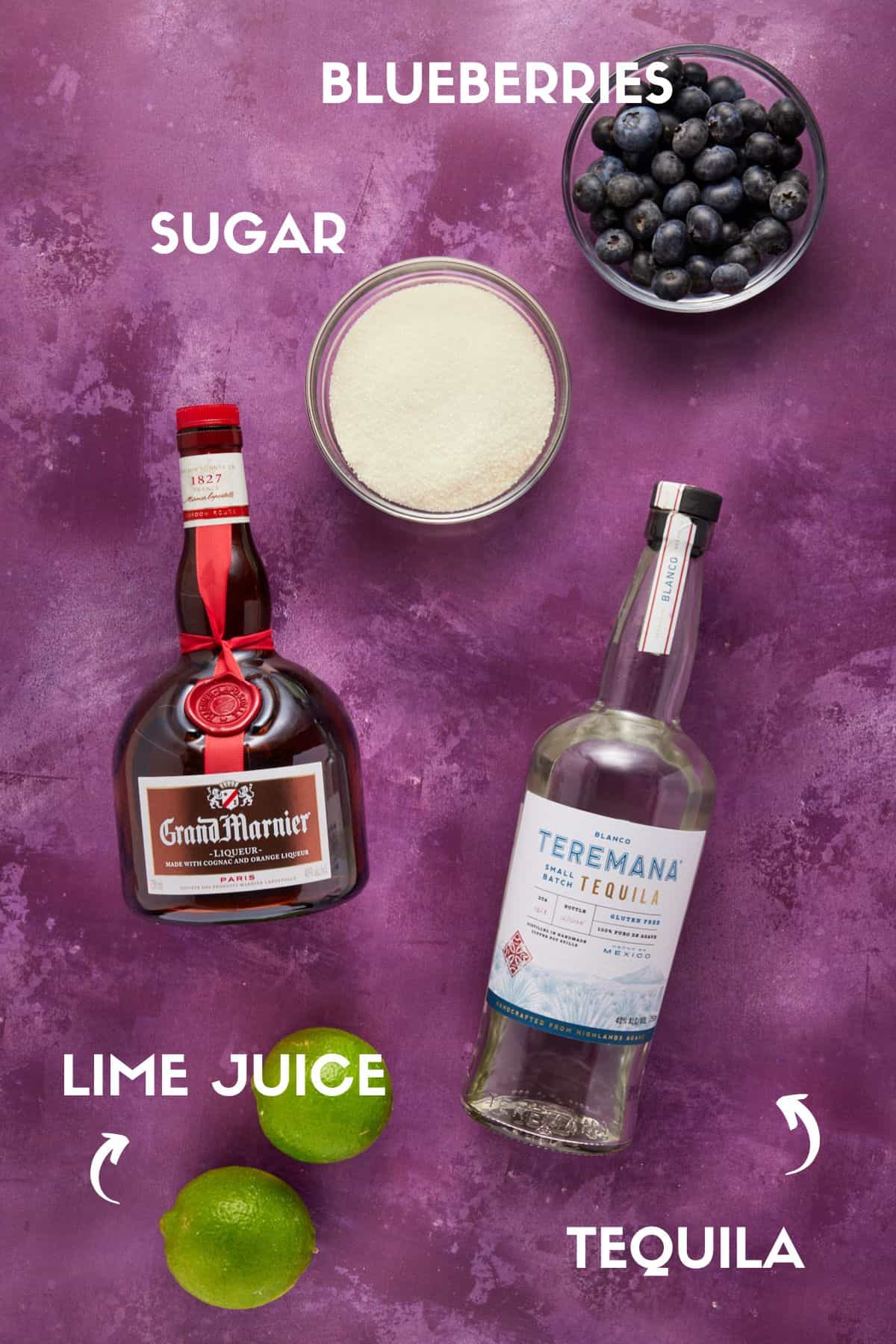 Ingredients needed to make blueberry margaritas.