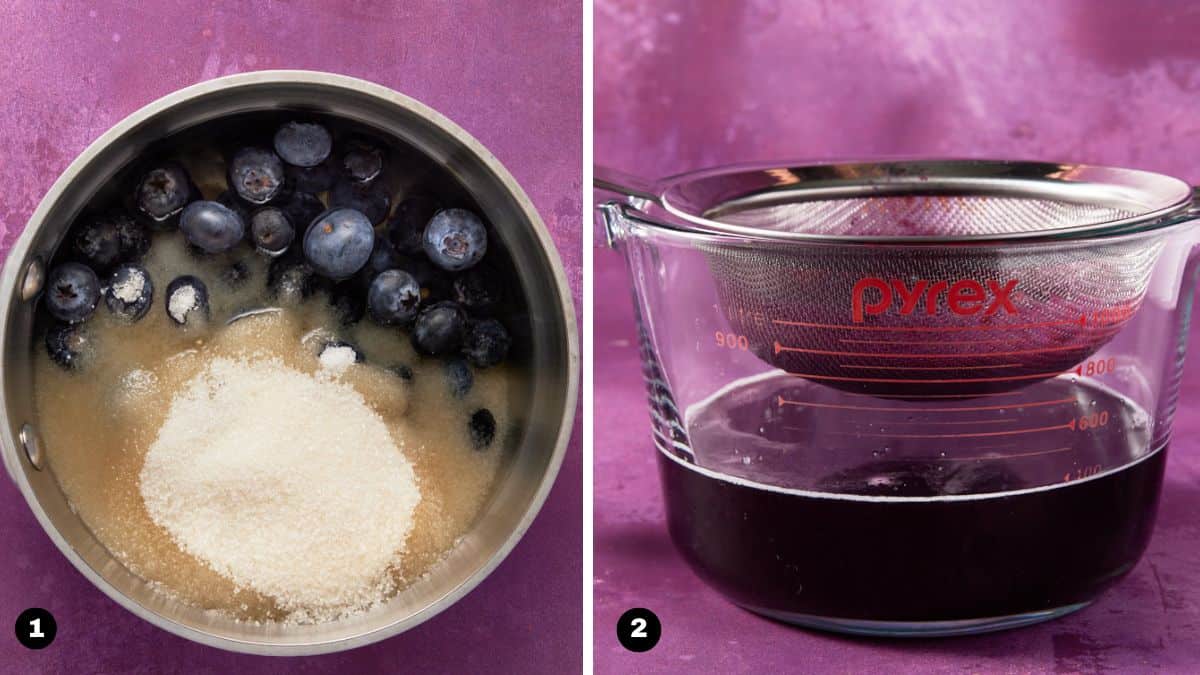 Making the blueberry simple syrup.