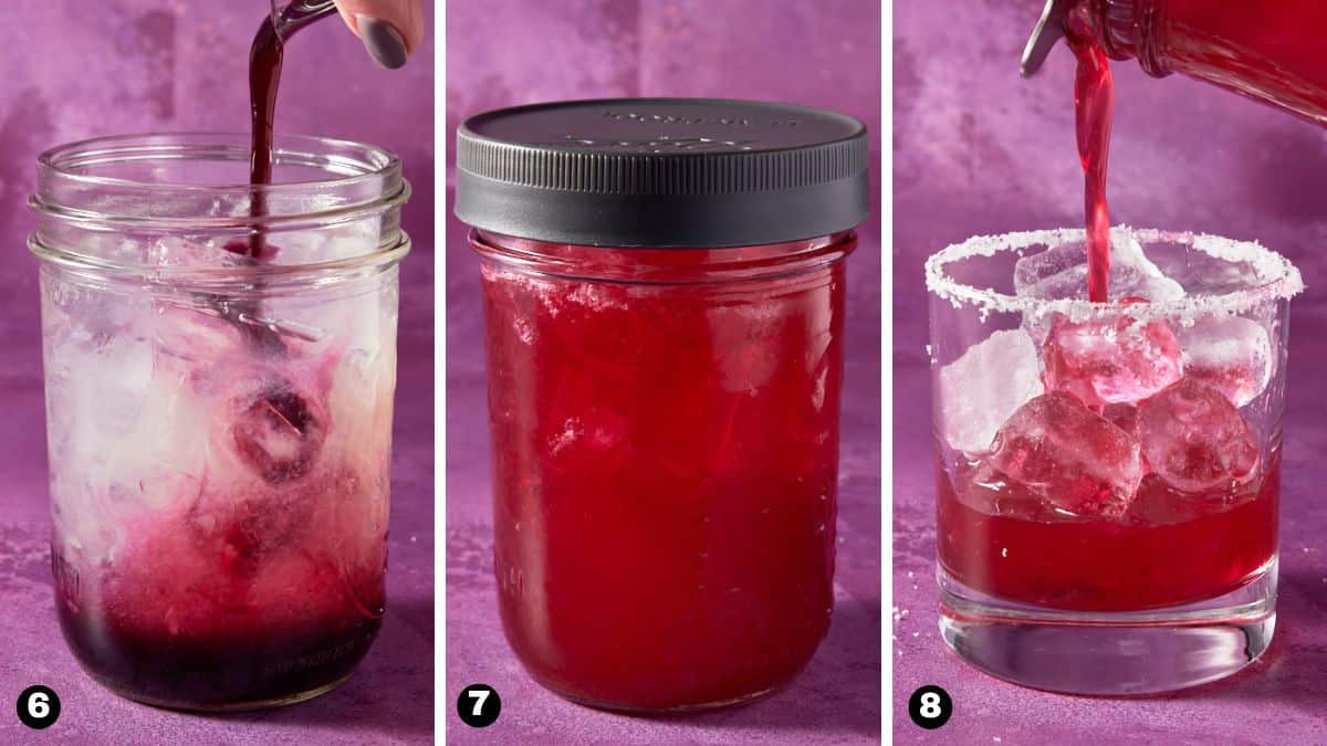 Adding blueberry simple syrup, shaking and pouring margarita into a glass.