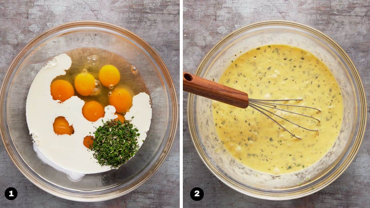 Eggs, cream and herbs whisked together in a glass bowl. 