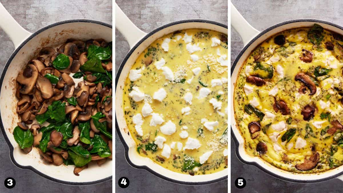 Mushrooms and spinach in a skillet with eggs and goat cheese then baked as a frittata. 