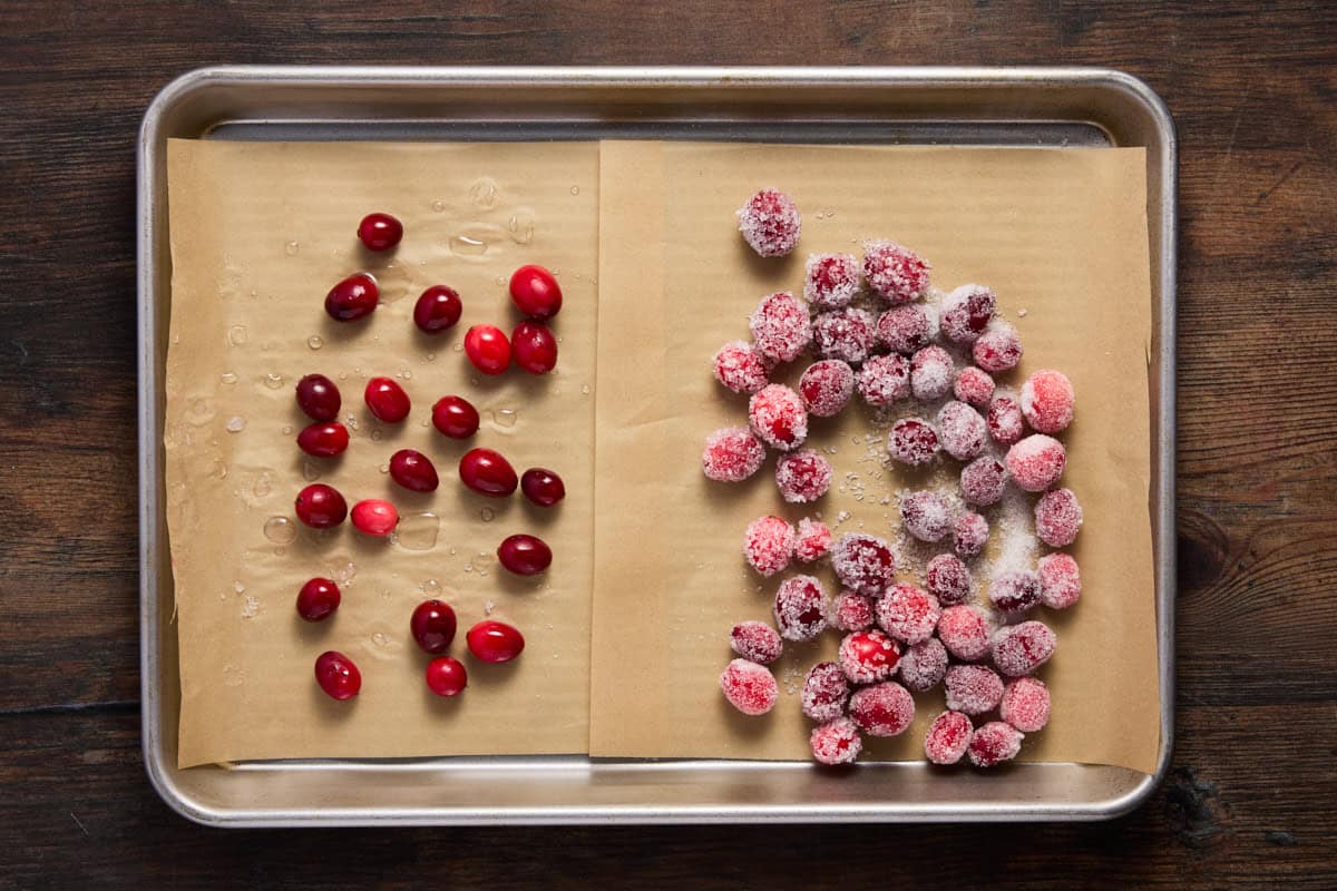 Sugared cranberries on a sheet pan. 
