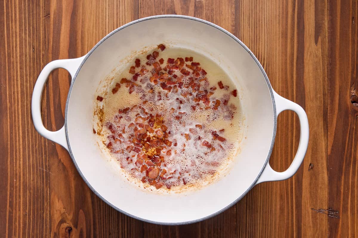 Dutch oven with cooked bacon bits. 