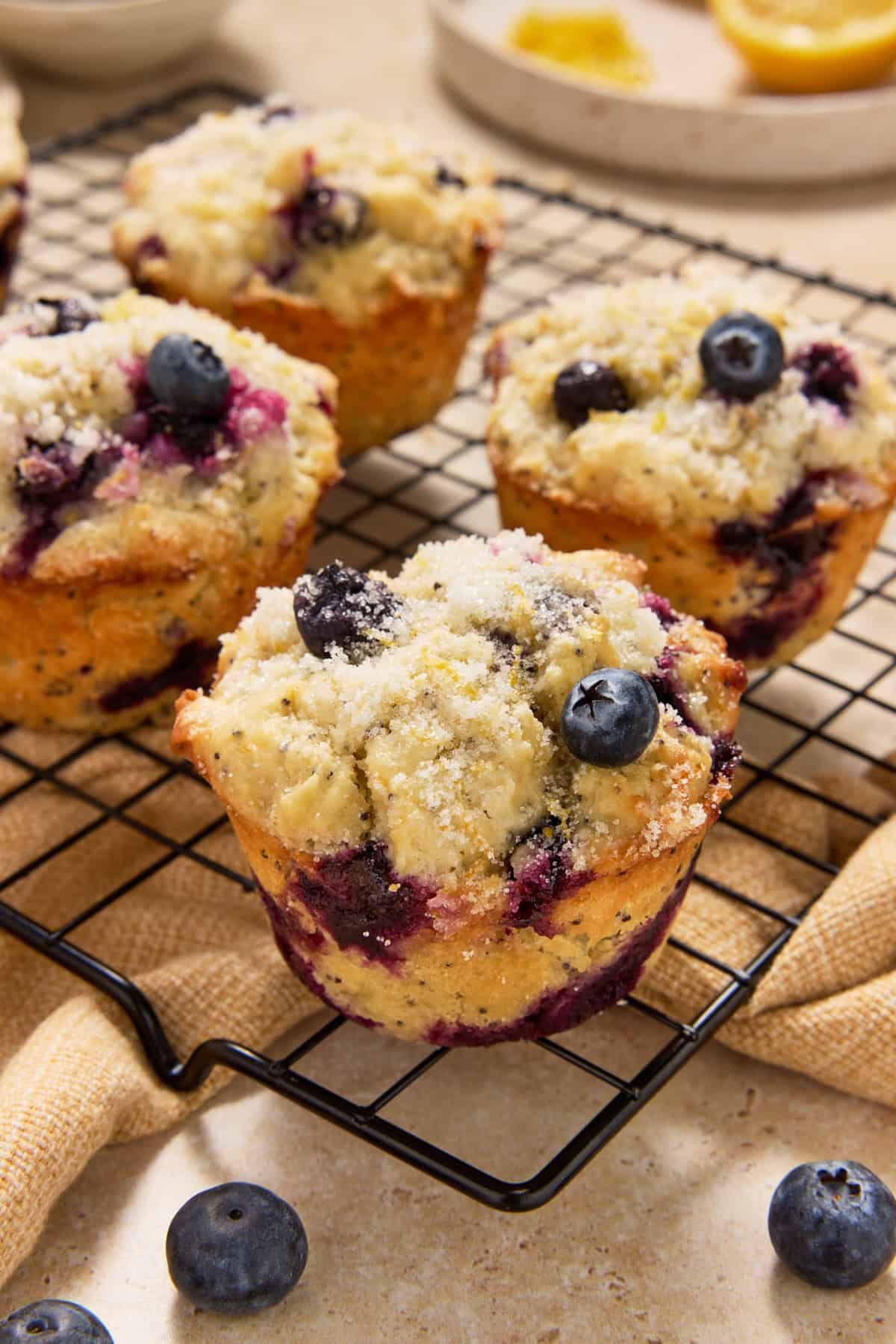Close up shot of blueberry lemon poppy seed muffins on a black wire cooling rack.