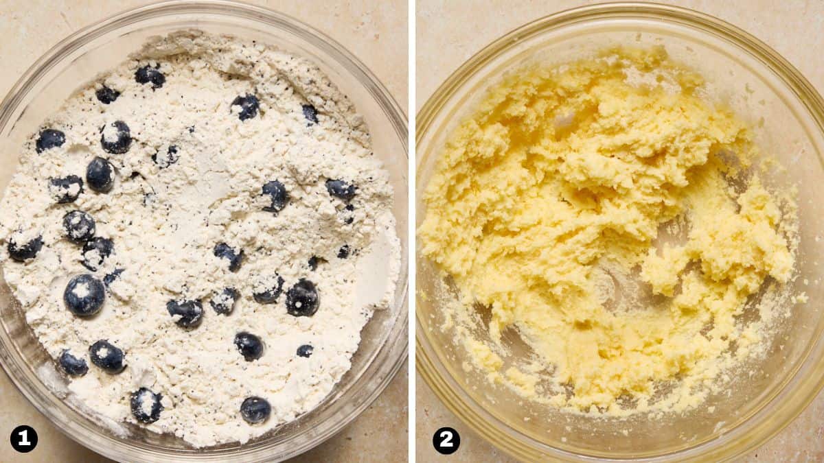 Bowls of flour with blueberries and creamed butter and sugar. 