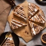 Chocolate chip coffee cake slices on plate.
