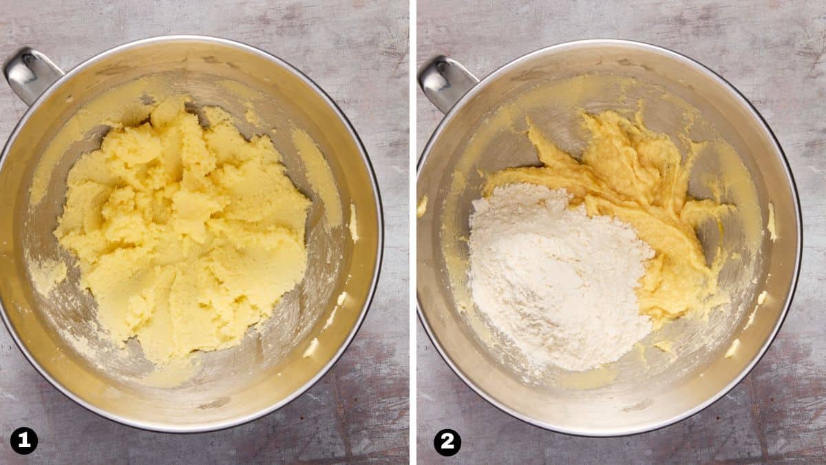 Butter and sugar creamed in bowl and flour placed on top.