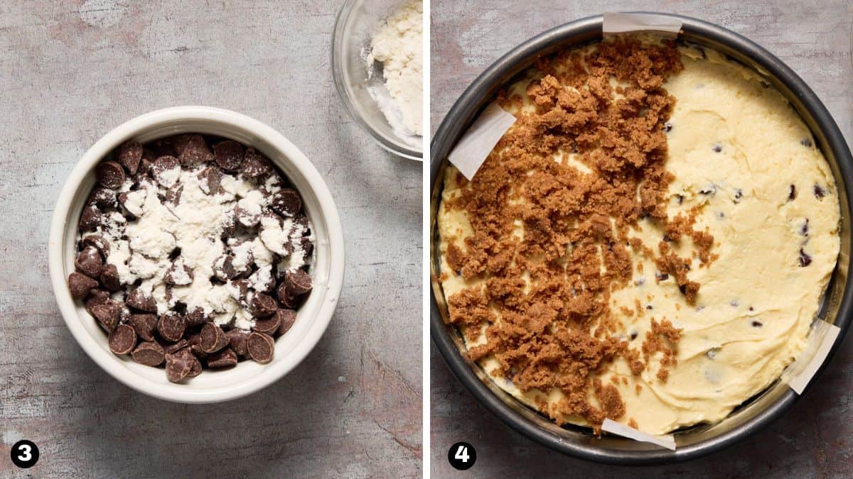 Chocolate chips with flour and a coffee cake with crumble topping on top.