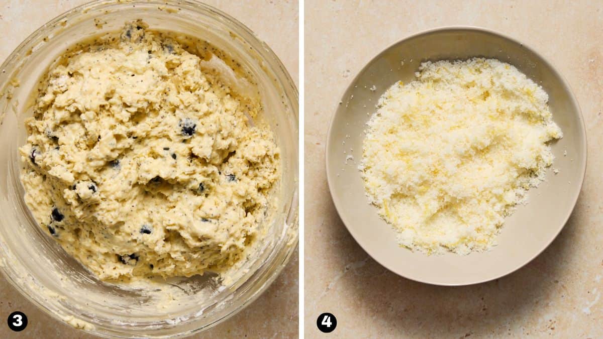 Bowls of blueberry lemon poppy seed muffin batter and lemon sugar. 
