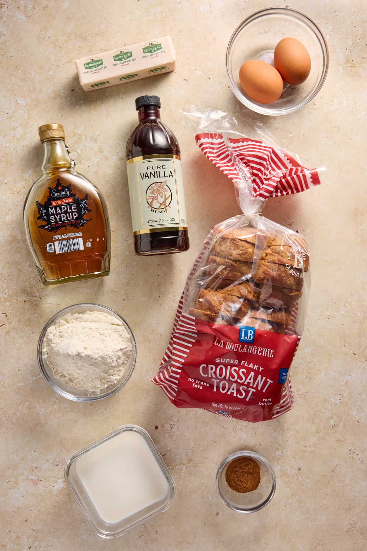 Ingredients for croissant bread french toast. 