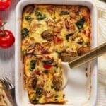 Cheesy Hash Brown Egg Bake in a pan cut and ready to eat.