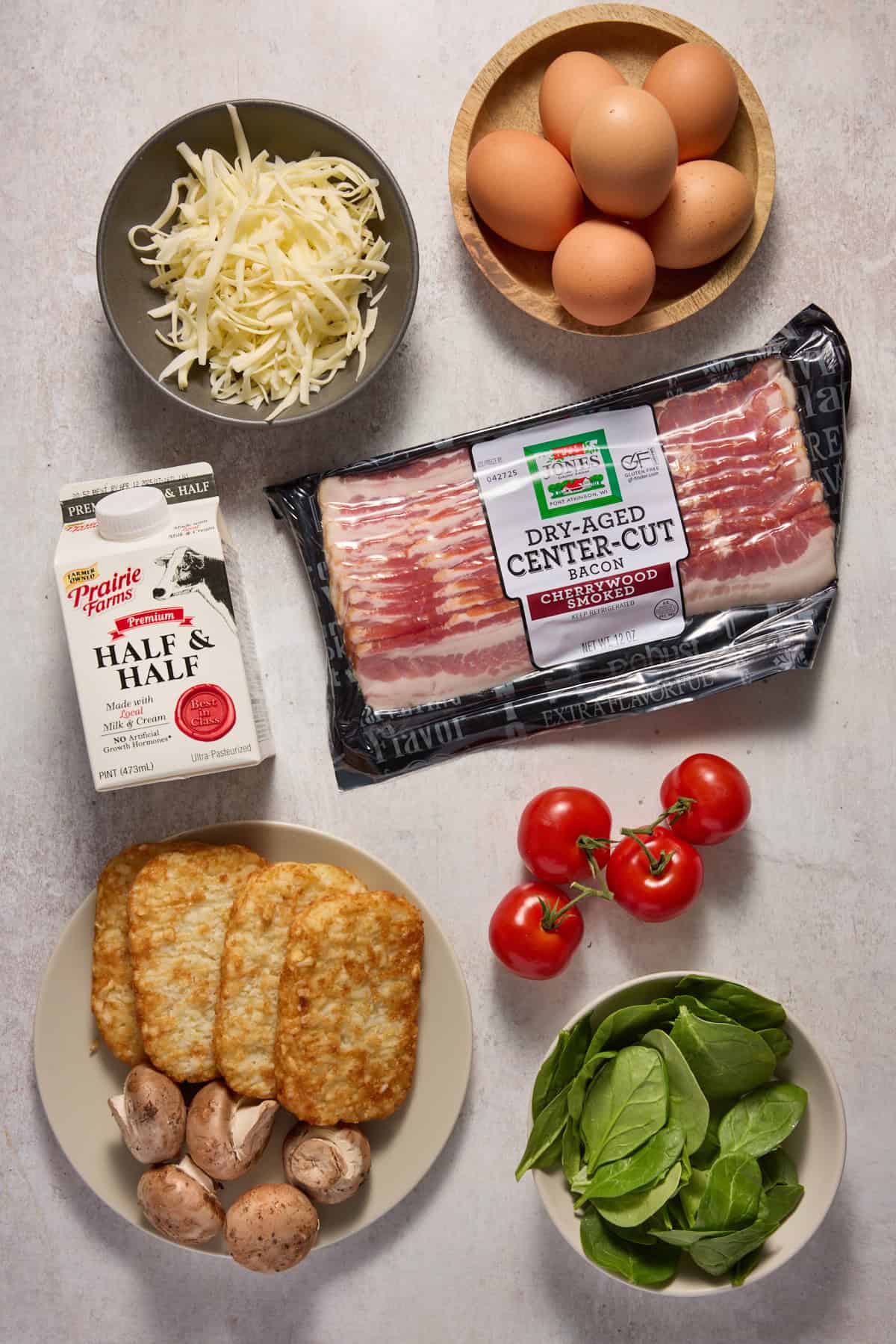 Ingredients needed to make cheesy hash brown egg bake.