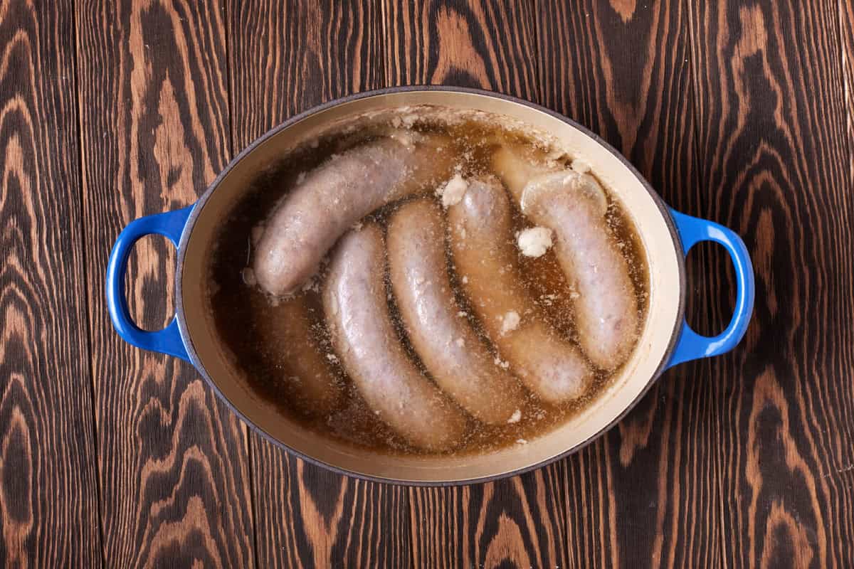 Boiled brats and onion in beer.