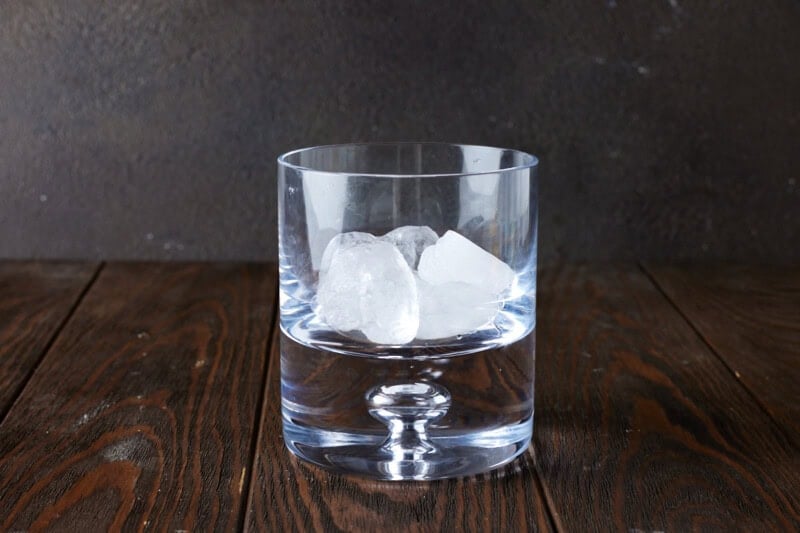 Ice in low ball glass.