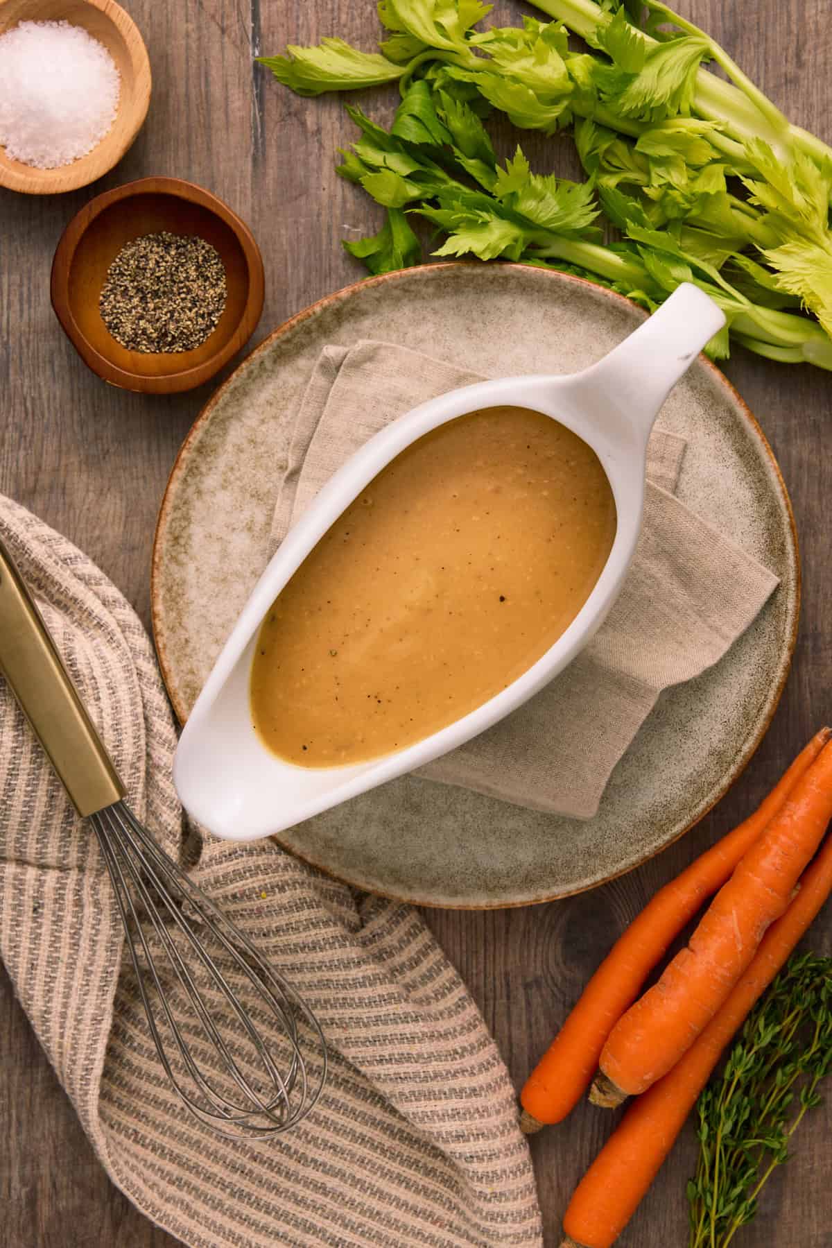 Make ahead gravy in a gravy boat with celery and salt and pepper on the side.