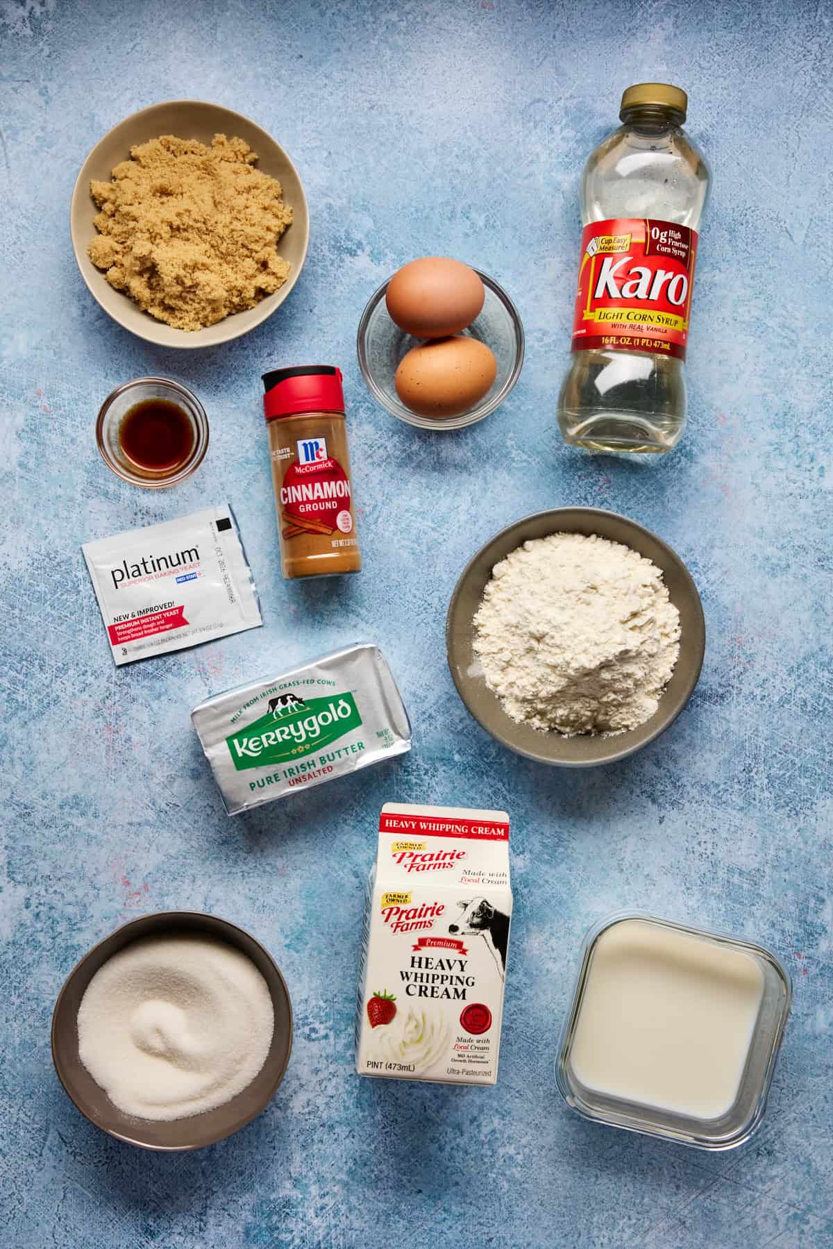 Ingredients needed to make overnight caramel rolls.
