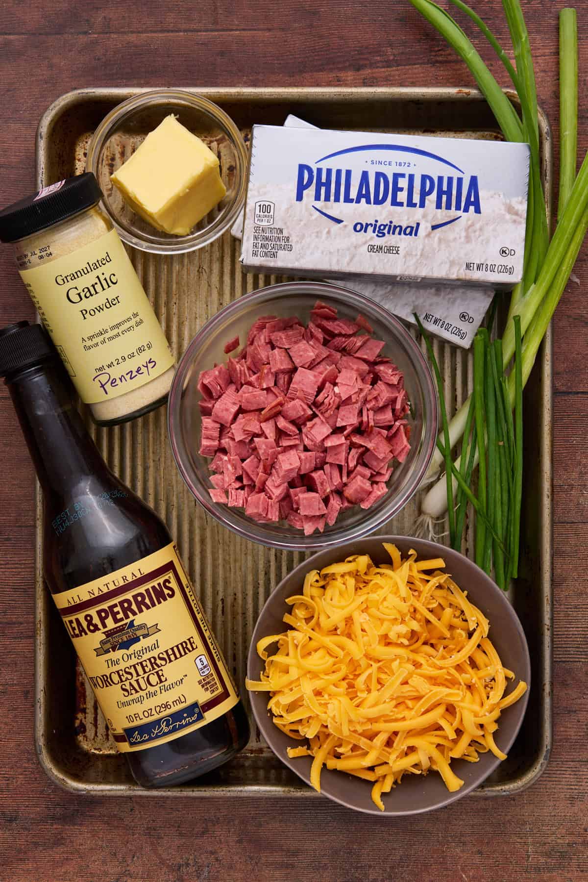 Ingredients needed to make chipped beef cheese ball.
