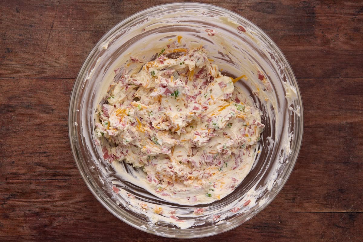Chipped beef cheese ball mixture in glass bowl.