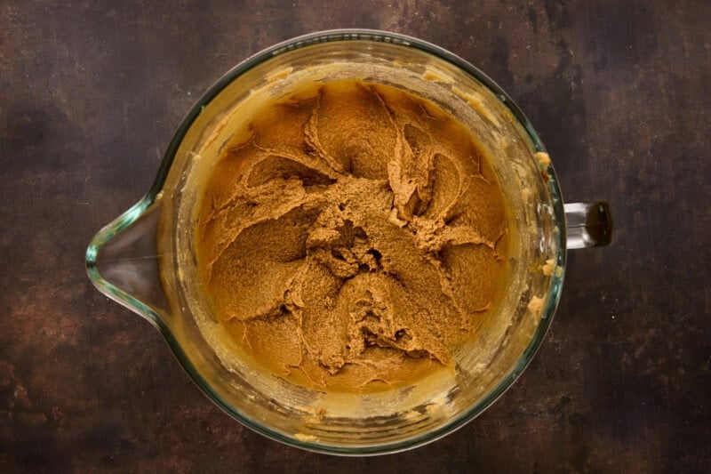 Butter mixture with molasses and egg beaten in.