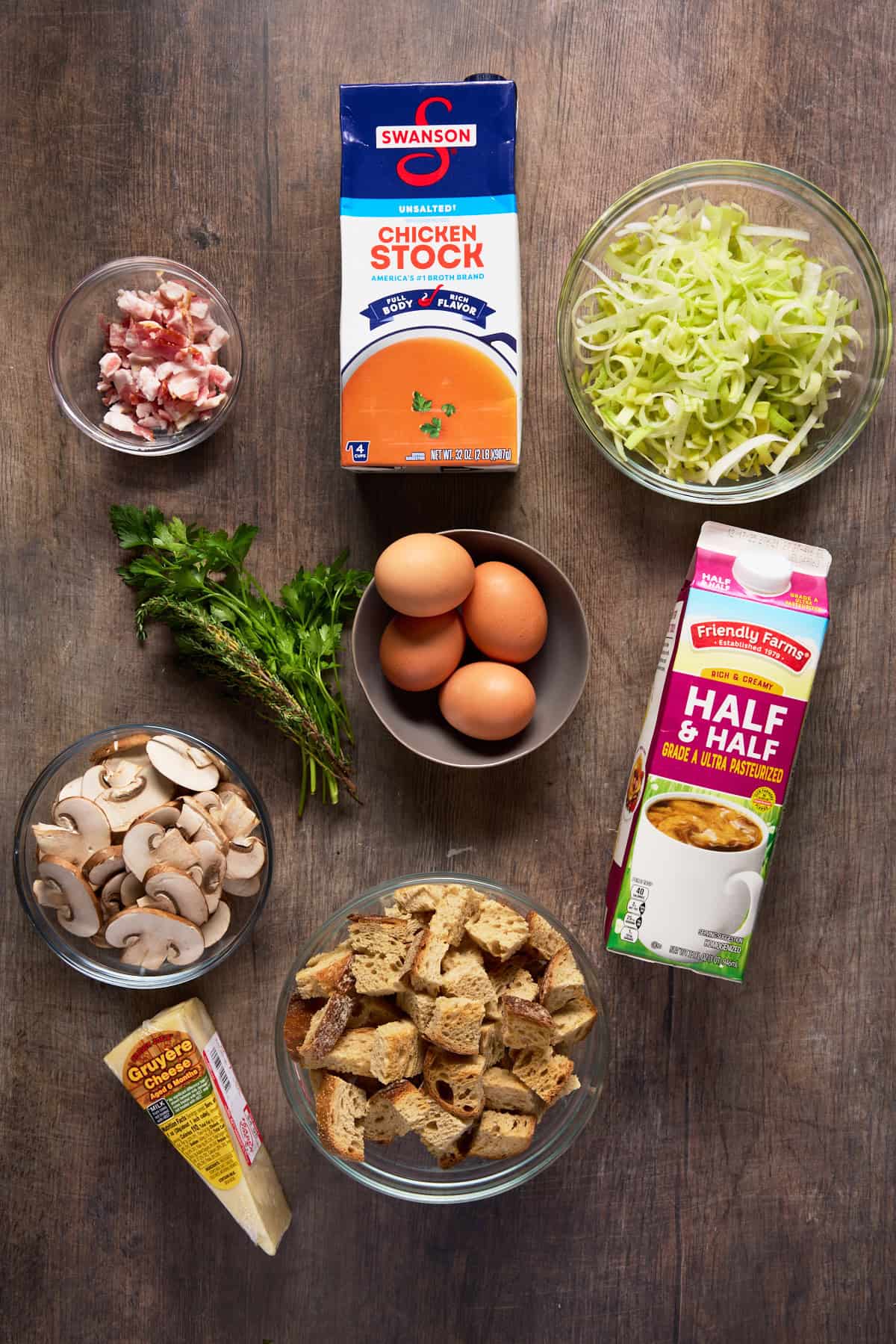 Ingredients for mushroom and leek bread pudding.