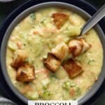 Broccoli Cheddar soup in bowl with croutons and fresh broccoli on side.