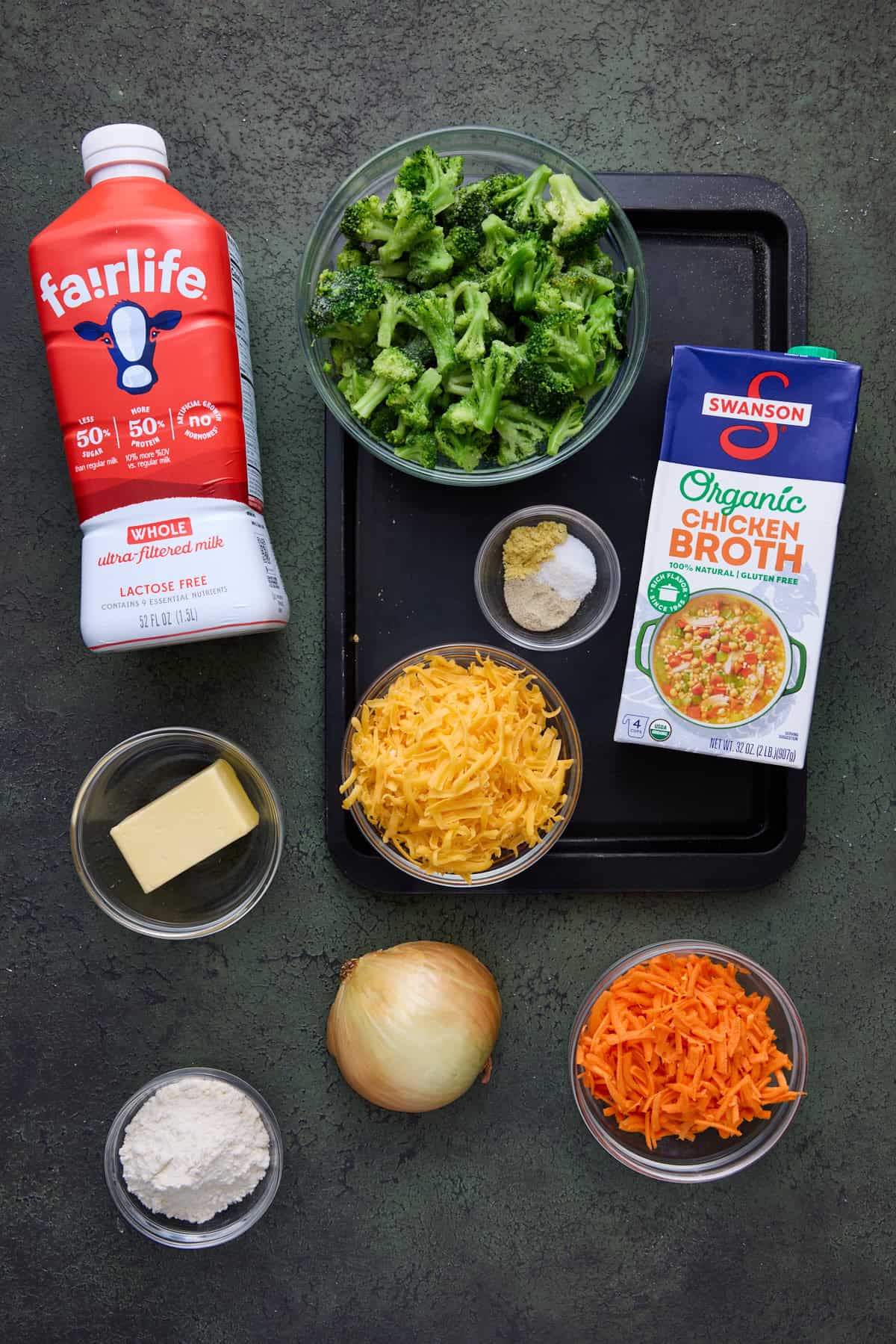 Ingredients needed to make broccoli cheddar soup.