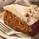 A slice of single layer carrot cake with brown butter cream cheese frosting on a cream colored plate.
