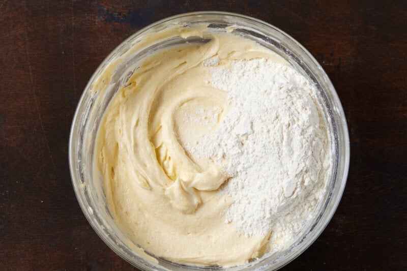 Sour cream coffee cake batter in a glass bowl.