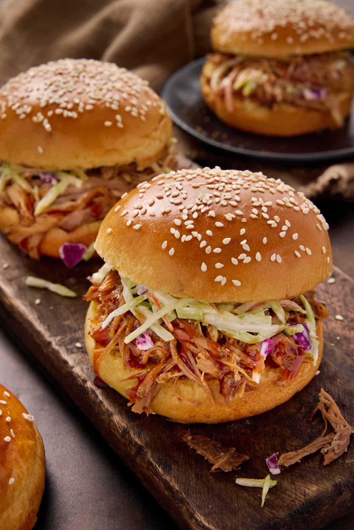 Pulled pork on brioche buns with slaw.