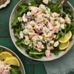 Shrimp Salad on a ned of arugula with lemon slices.