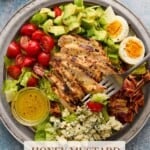 Sliced honey mustard chicken on top of lettuce with all ingredients piled on the edges.