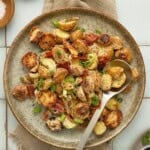 A speckled beige ceramic plate with grilled potato salad and a silver serving spoon.