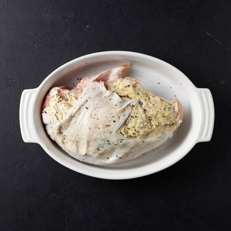 turkey breast with butter under skin.