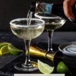 Elderflower gin prosecco cocktails in sugar rimmed glass.