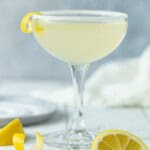 Elderflower Lemon Drop Martini in coupe glass with sugared rim and lemon twist.