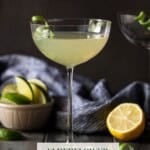 Elderflower Martini in martini. glass with lime wedges and a lemon half.