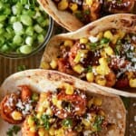 Shrimp tacos on sheet pan with chopped onions.