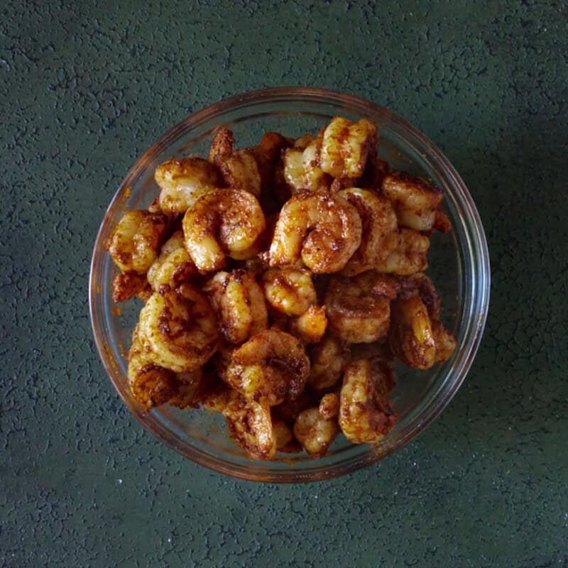 Cooked shrimp in bowl ready for tacos.