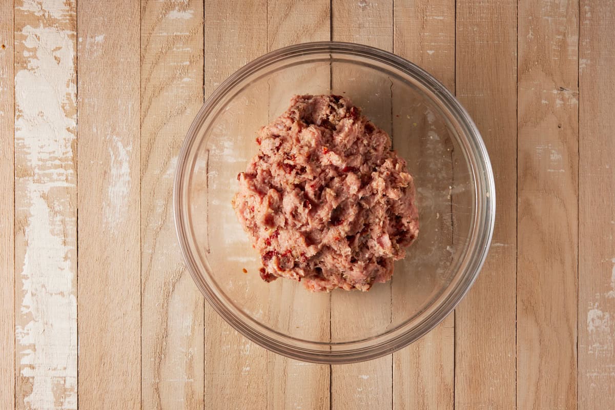 Ground turkey mixed with seasonings and egg.