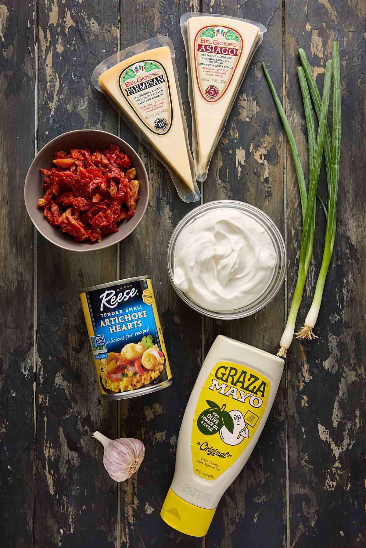 Bottles of ingredients needed to make the dip.